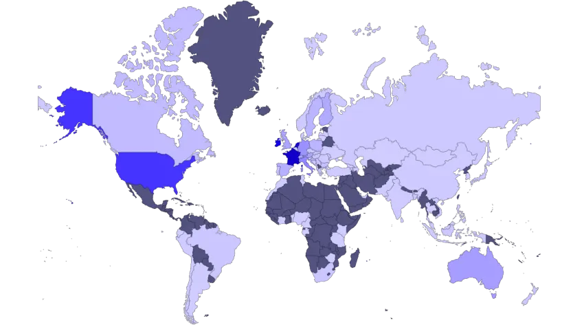 A world map shading each country by how many e-label scans come from it