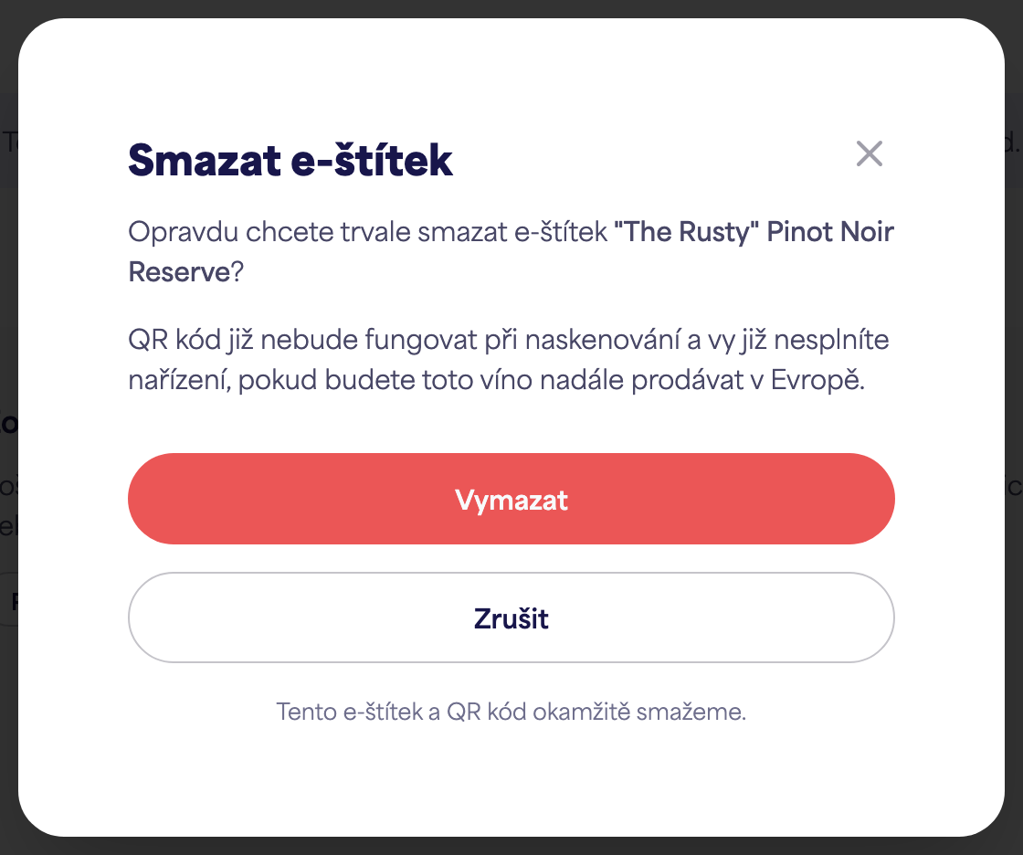 Potvrzovací dialog "Smazat e-etiketu"