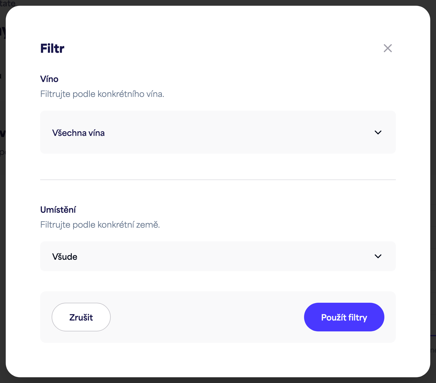 Panel filtru Přehledy (čas, víno, lokace)