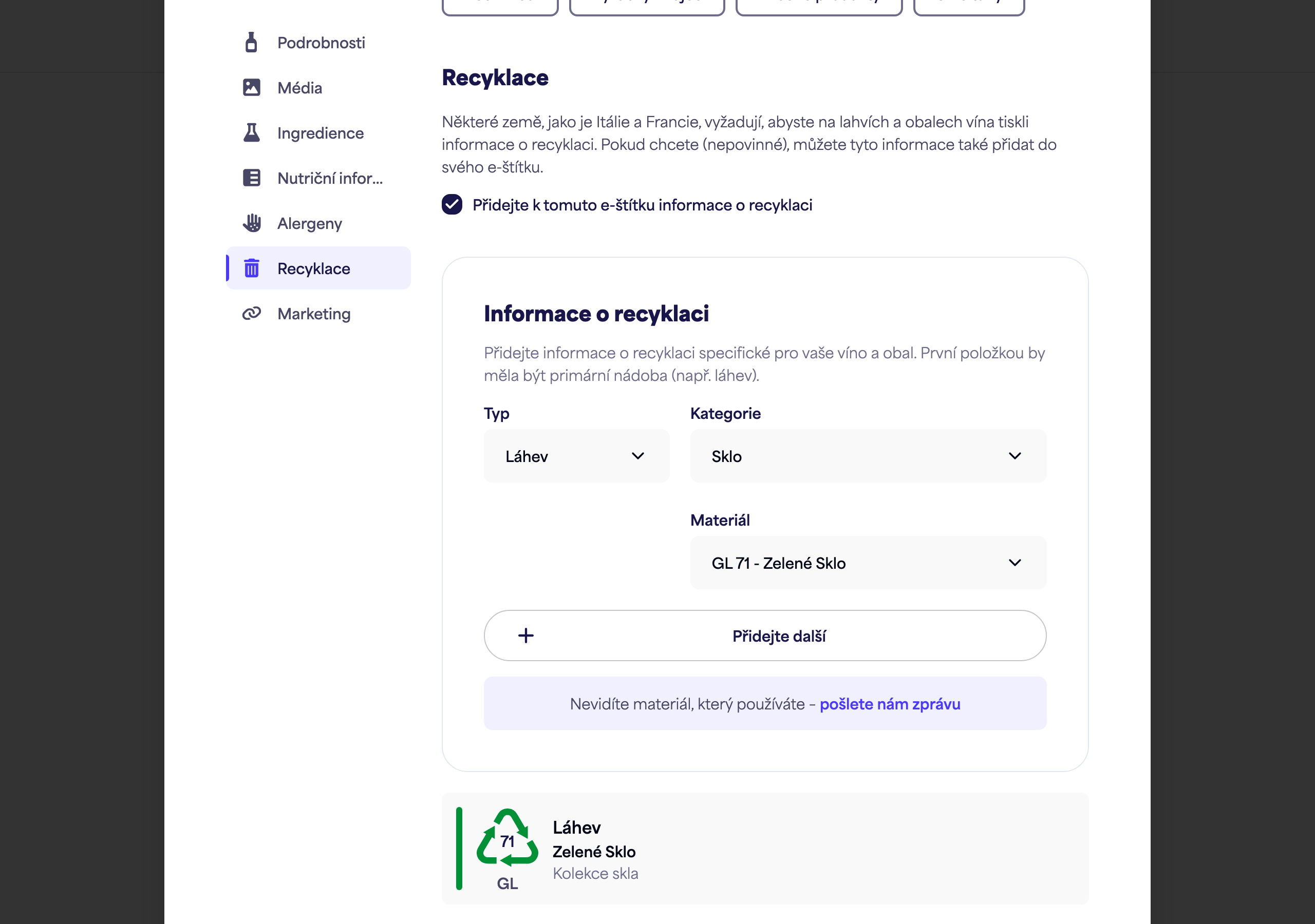 Přepínač a vysvětlení sekce Recyklace
