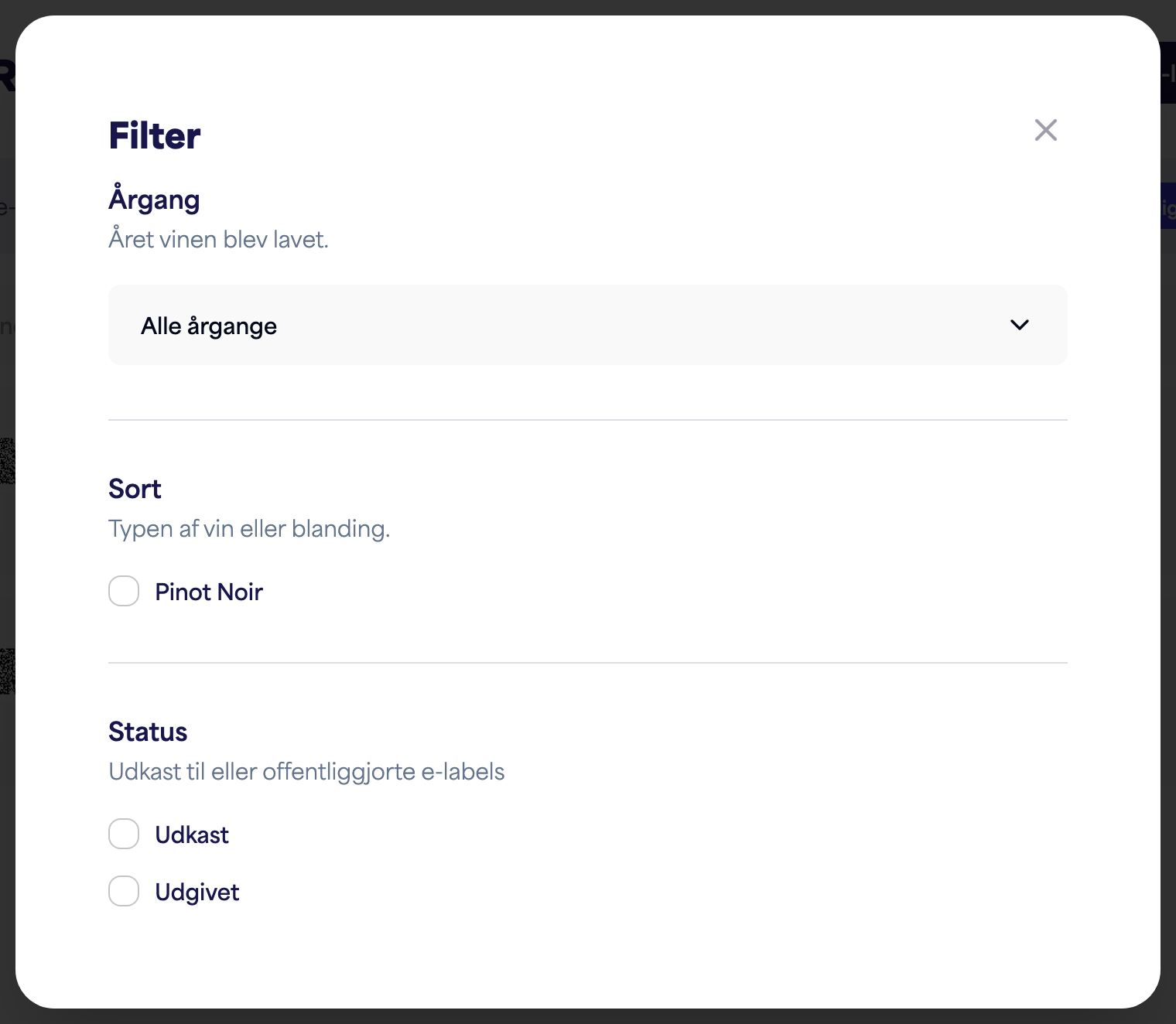 Filterpanelet med muligheder for årgang, sort og status
