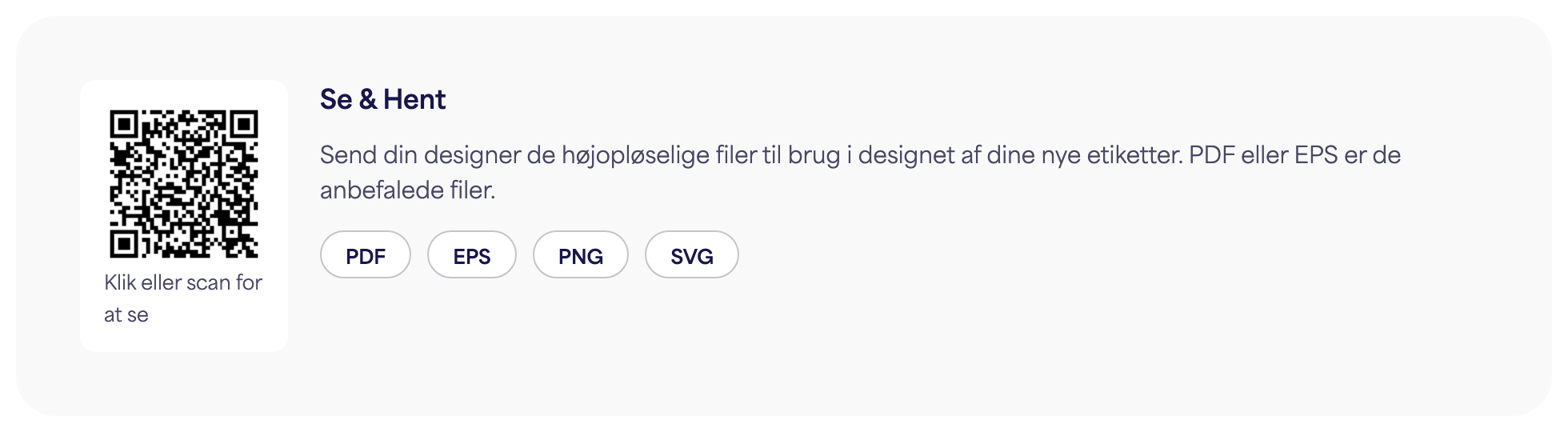 Afsnittet QR-kode på en e-etiketside med downloadknapperne PDF, EPS, PNG og SVG
