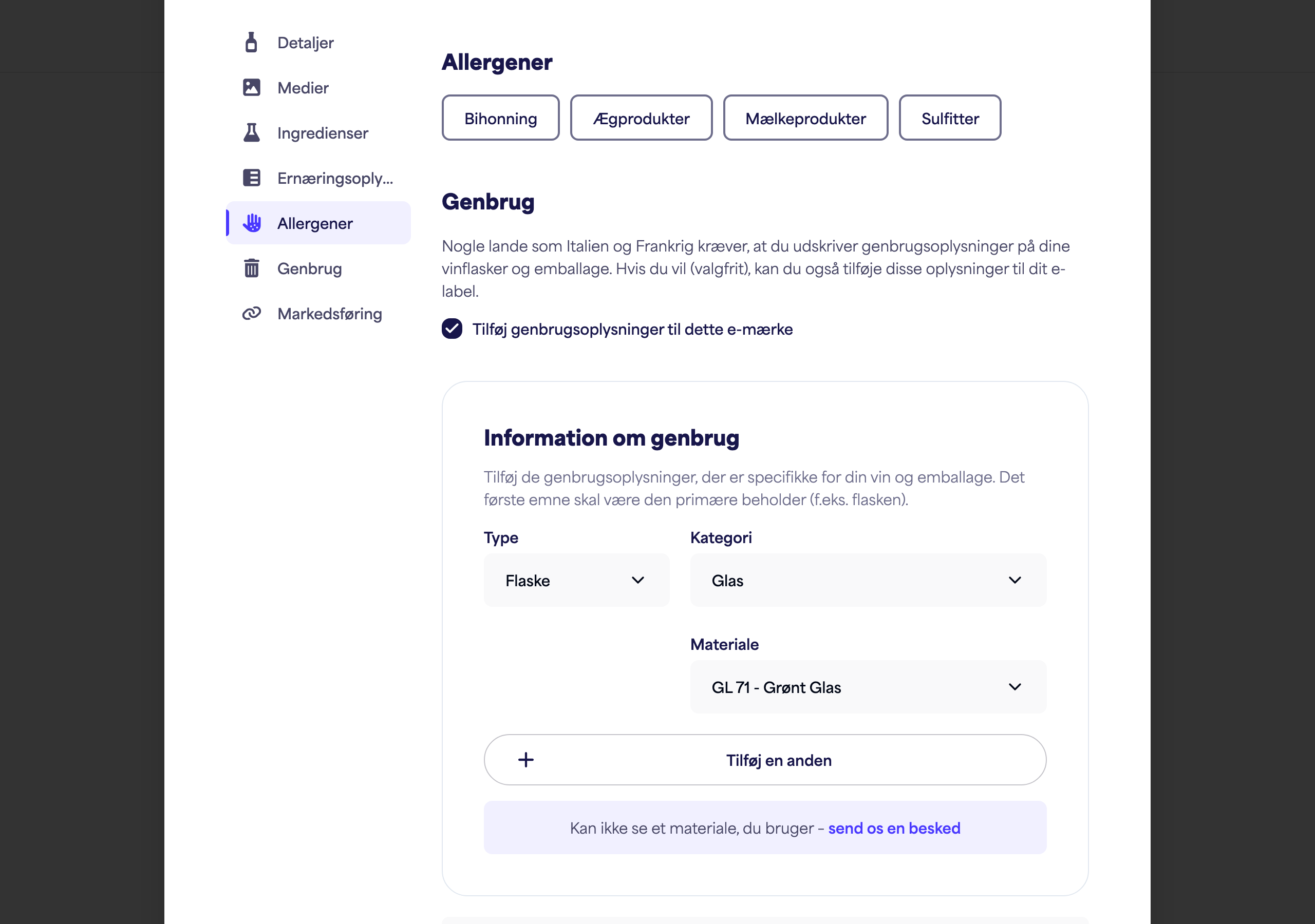 Allergener-sektionen med allergenindstillinger