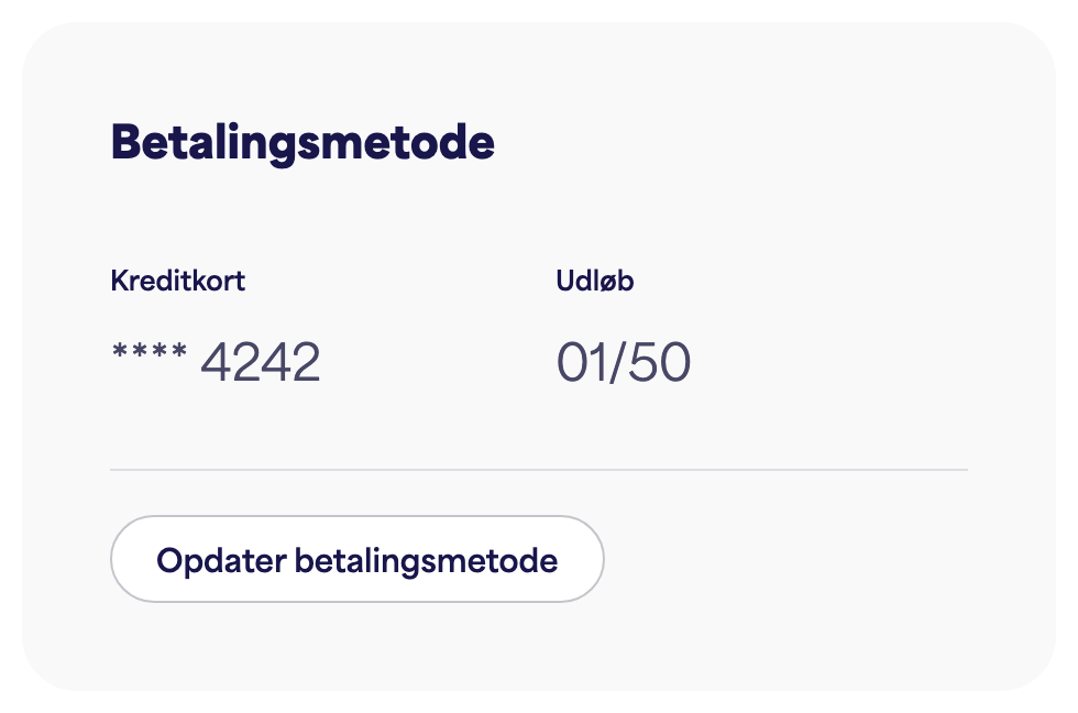 Kortet Betalingsmetode viser det gemte kort og "Opdater betalingsmetode"