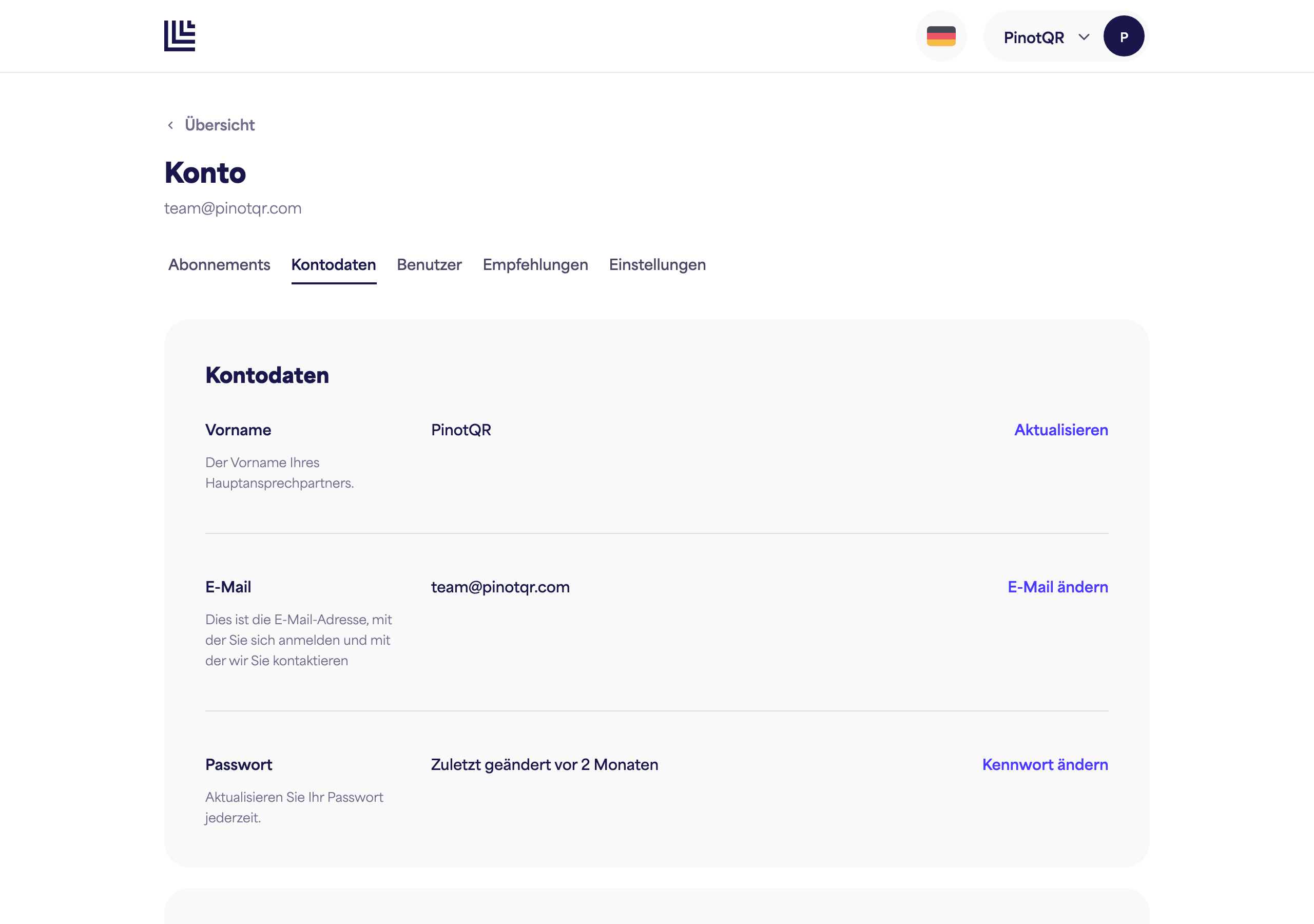 Die Seite Kontodetails mit dem Feld Vorname
