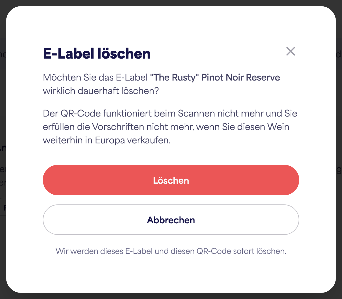 Der Bestätigungsdialog „E-Etikett löschen“