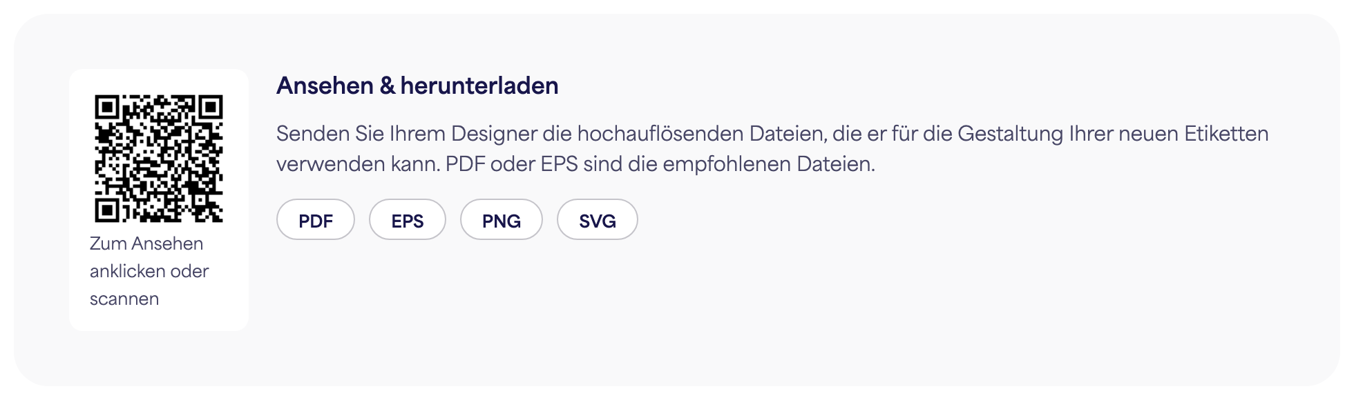 Der QR-Code-Abschnitt auf einer E-Etikett-Seite mit den Download-Schaltflächen für PDF, EPS, PNG und SVG