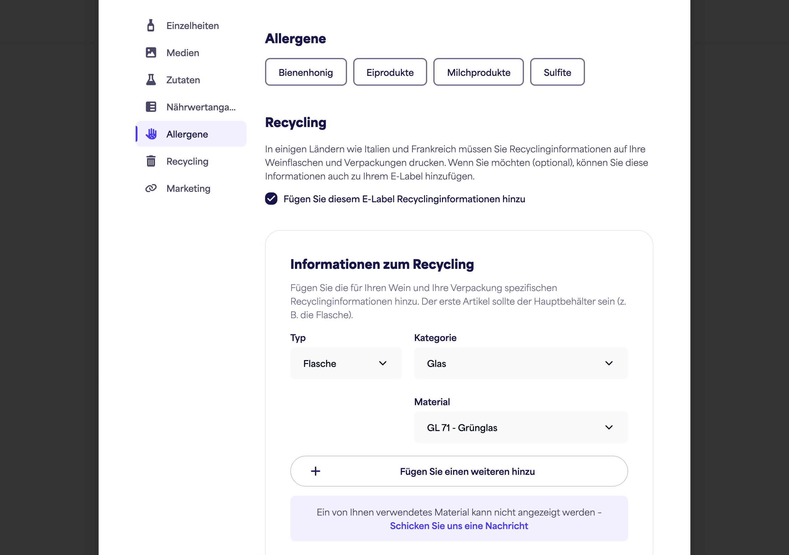 Der Abschnitt Allergene mit Allergenoptionen