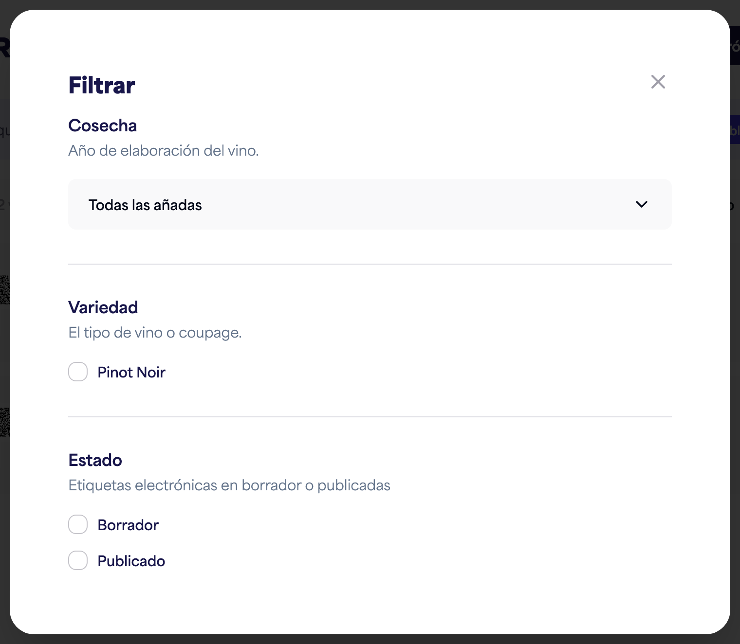 El panel de Filtrar con opciones de cosecha, variedad y estado