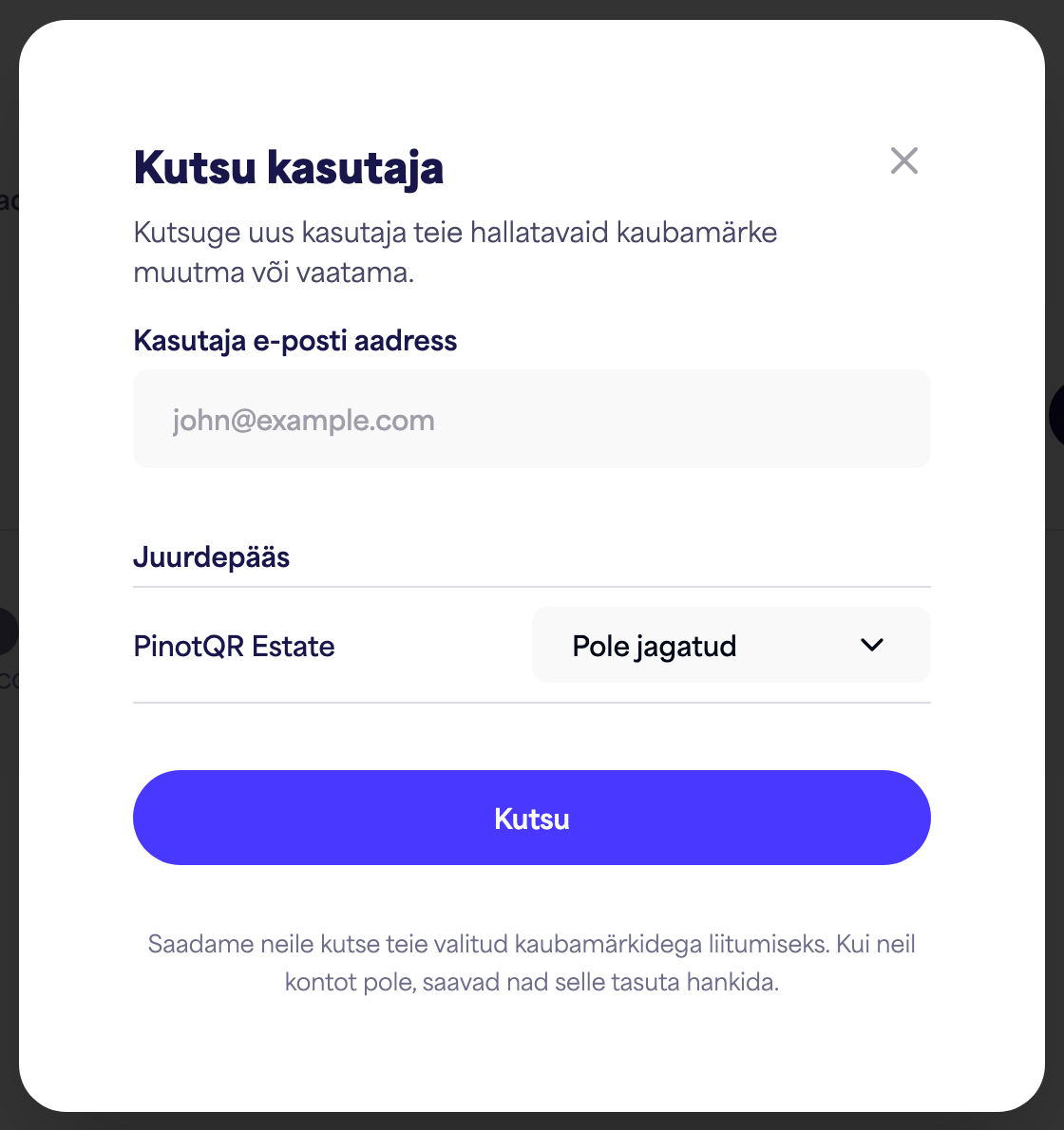 Kutse kasutaja dialoogaken e-posti välja ja kaubamärgipõhiste ligipääsuvalikutega