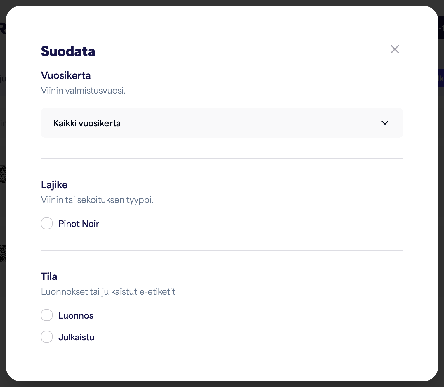 Suodatinpaneeli vuosikerta-, lajike- ja tilavaihtoehtojen kanssa