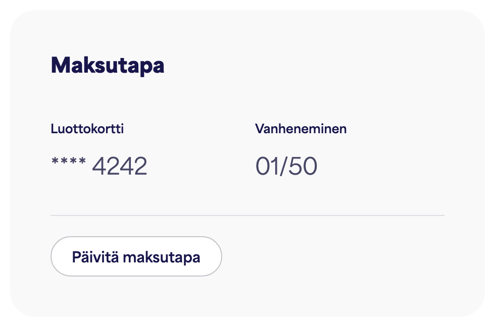 Maksutapakortti, joka näyttää tallennetun kortin ja "Päivitä maksutapa"