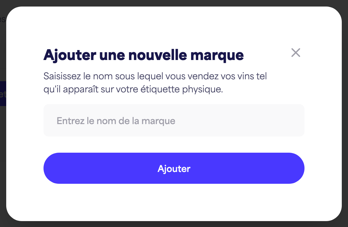 La boîte de dialogue "Ajouter une nouvelle marque" avec le champ du nom de la marque et le bouton "Ajouter"