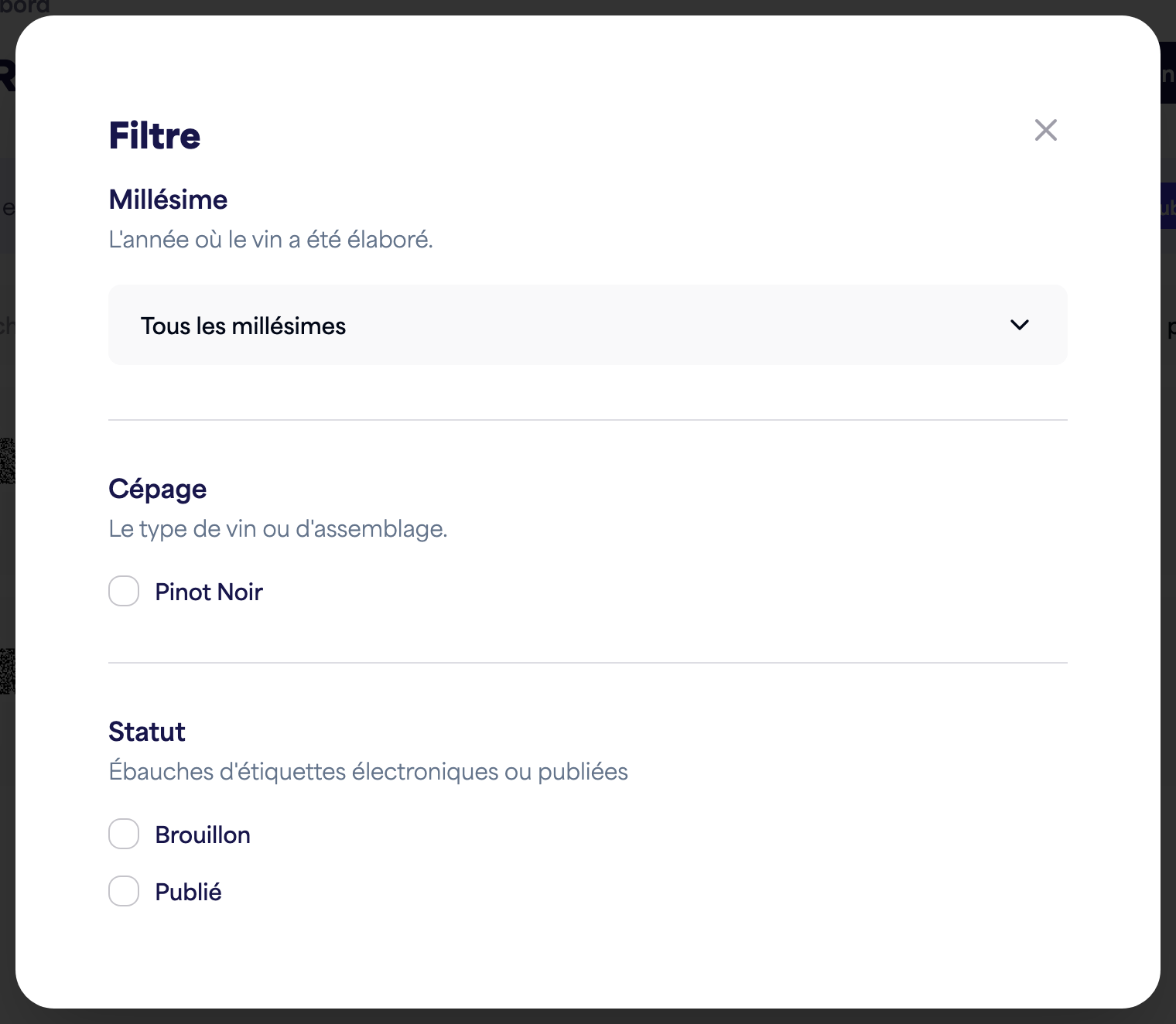 Le panneau de filtre avec les options de millésime, cépage et statut