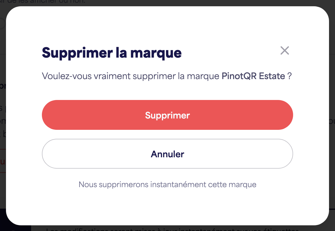La boîte de dialogue de confirmation « Supprimer la marque » avertissant des e-étiquettes existantes