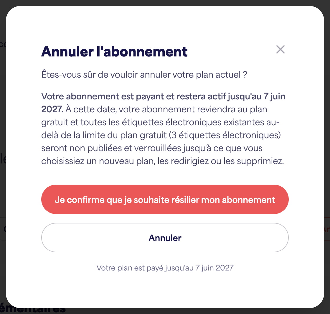 La section Abonnement du compte montrant l'option Annuler l'abonnement