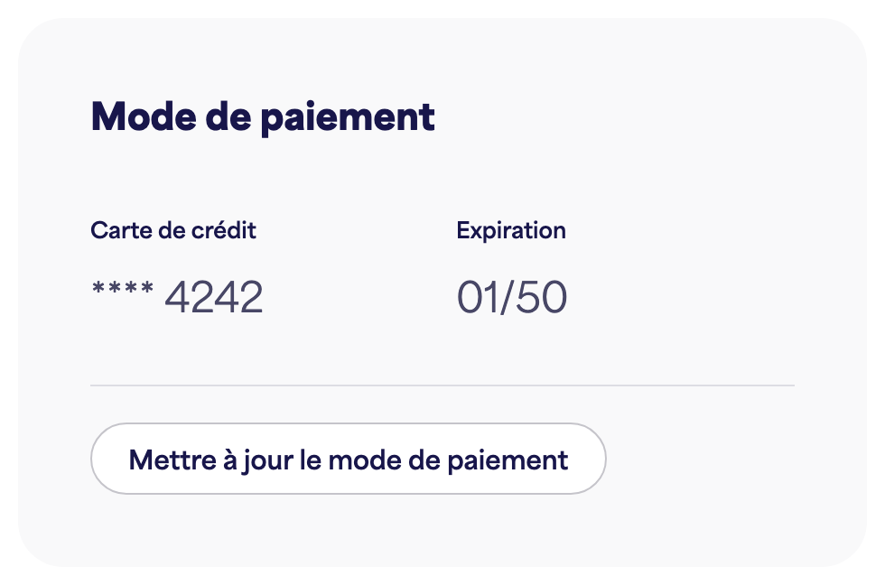 La carte du mode de paiement affichant la carte enregistrée et "Mettre à jour le mode de paiement"