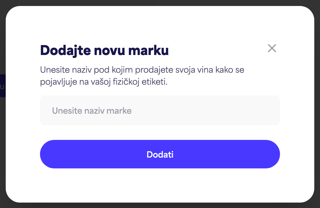 Dijaloški okvir "Dodaj novi marka" s poljem za naziv marke i gumbom "Dodaj"