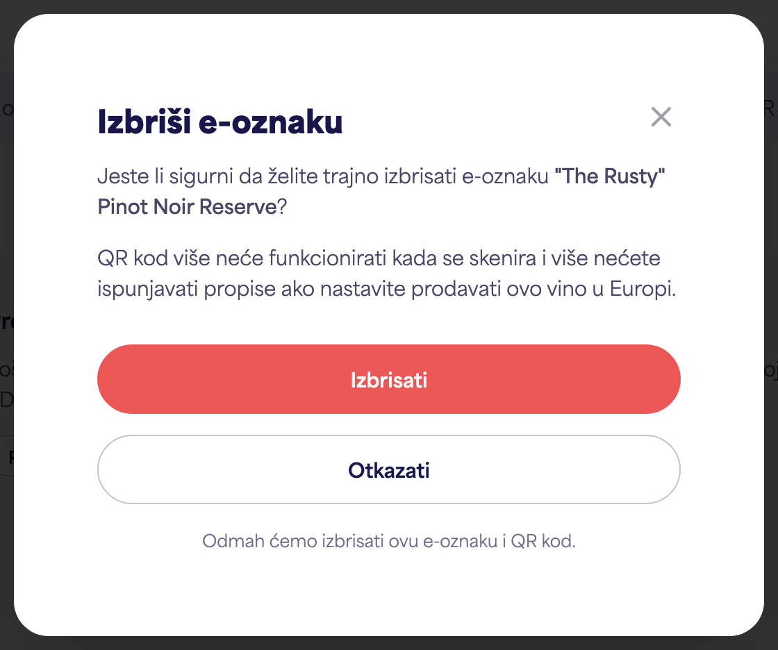 Dijaloški okvir za potvrdu "Izbriši e-oznaku"