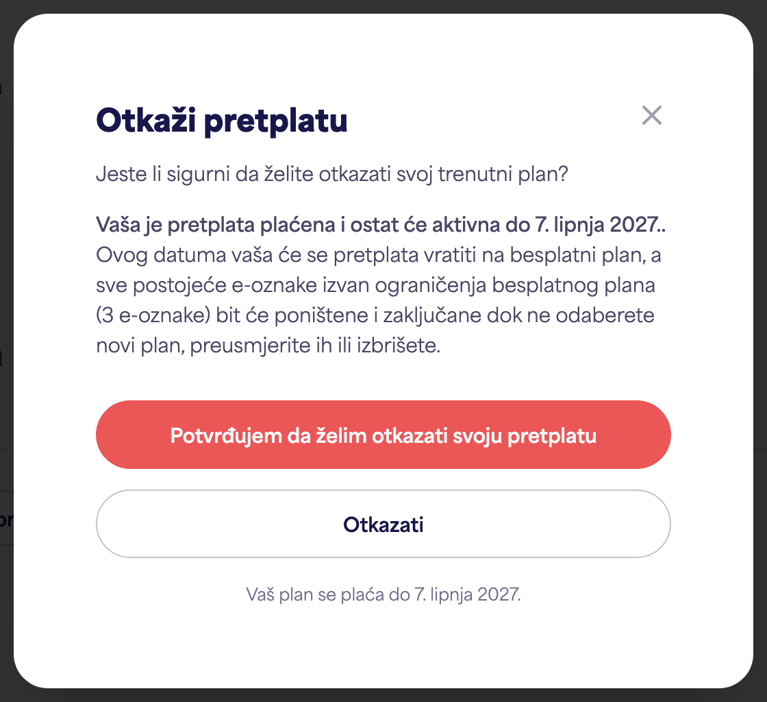 Područje pretplate na računu koje prikazuje opciju Otkaži pretplatu