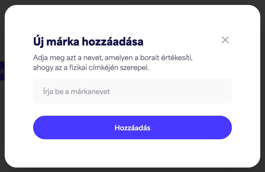 Az „Új márka hozzáadása” párbeszédpanel a márkanév mezővel és a „Hozzáadás” gombbal