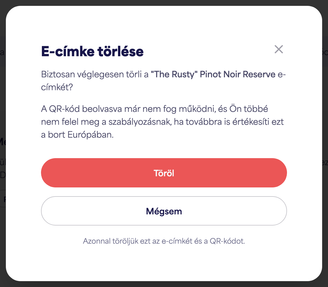 Az „E-címke törlése” megerősítő párbeszédablak