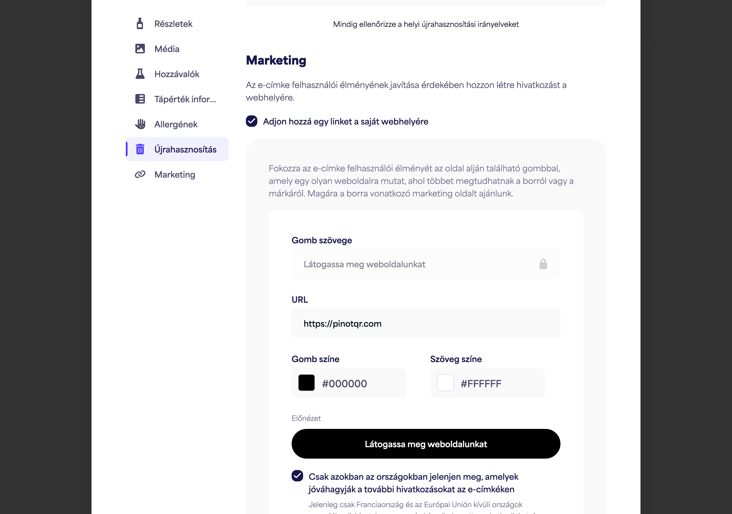A Marketing szekció a kapcsolóval, gomb szöveggel, URL-lel és színválasztókkal, valamint az élő gomb előnézettel
