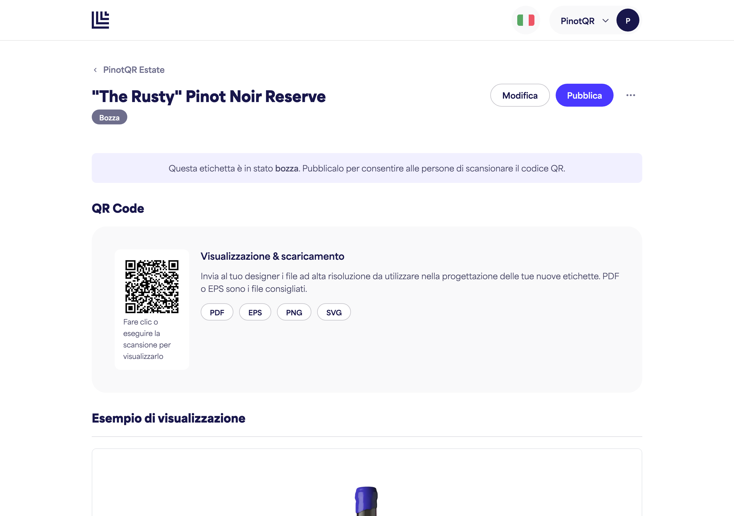 Un'e-etichetta in bozza che mostra l'avviso di bozza e il pulsante "Pubblica"