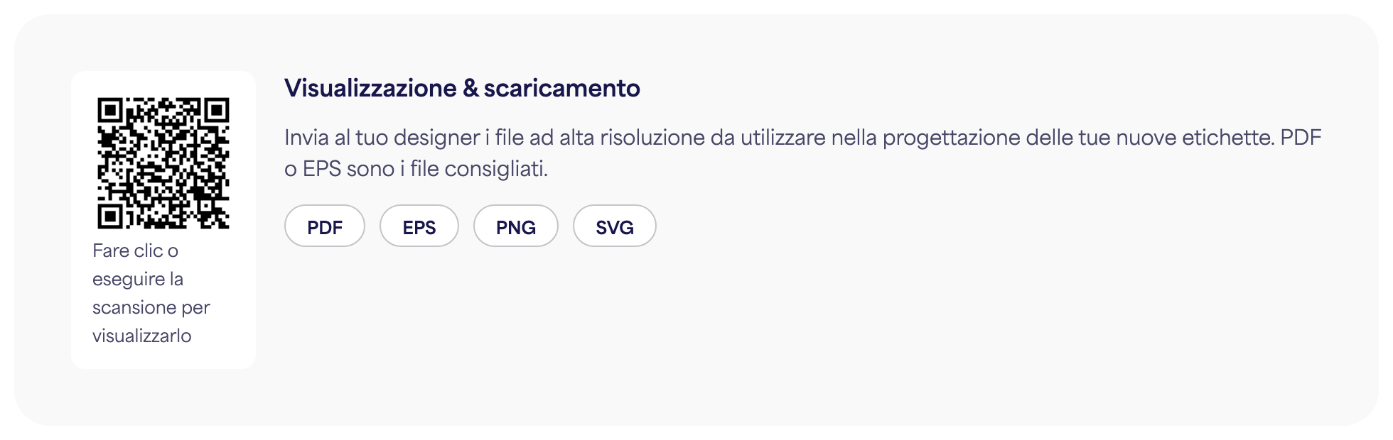 La sezione Codice QR in una pagina e-etichetta con i pulsanti di download PDF, EPS, PNG e SVG