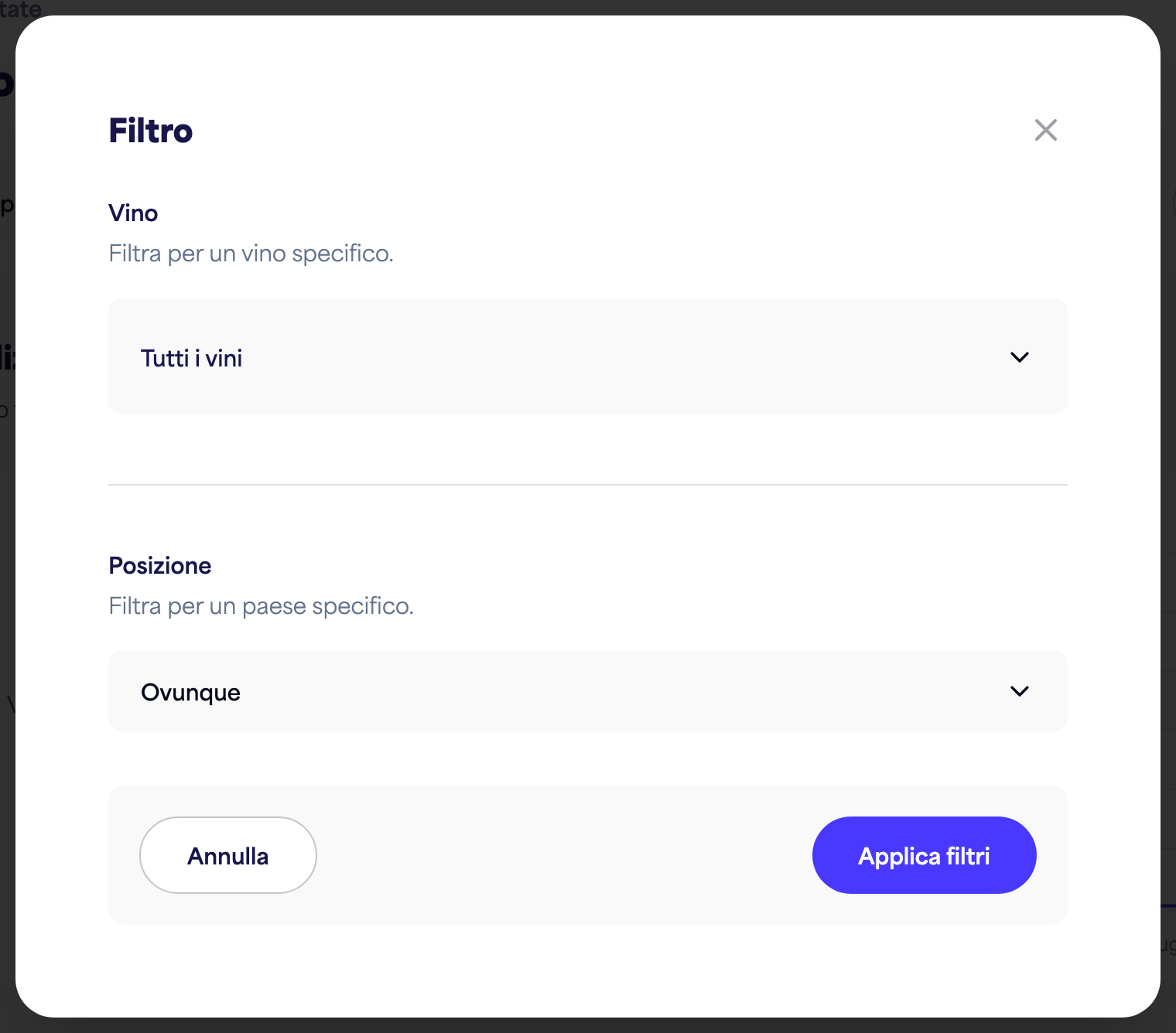 Il pannello dei filtri Insights (tempo, vino, posizione)