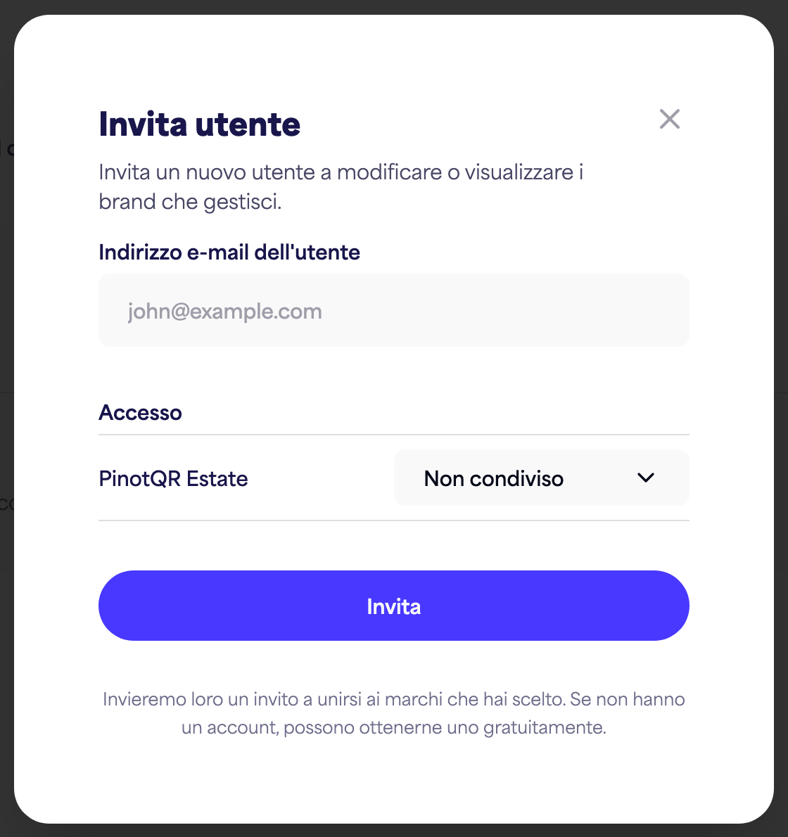La finestra di dialogo "Invita utente" con il campo email e le opzioni di accesso per marca
