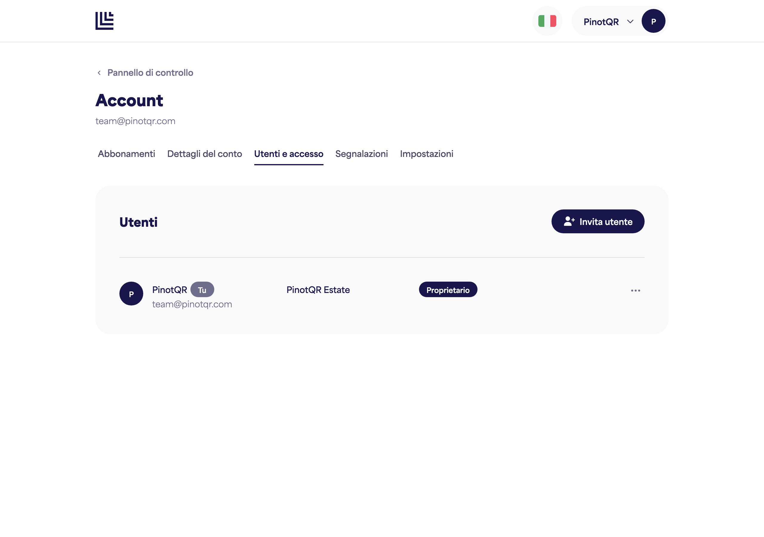 La pagina Utenti e accesso che elenca i collaboratori con il loro accesso per marca
