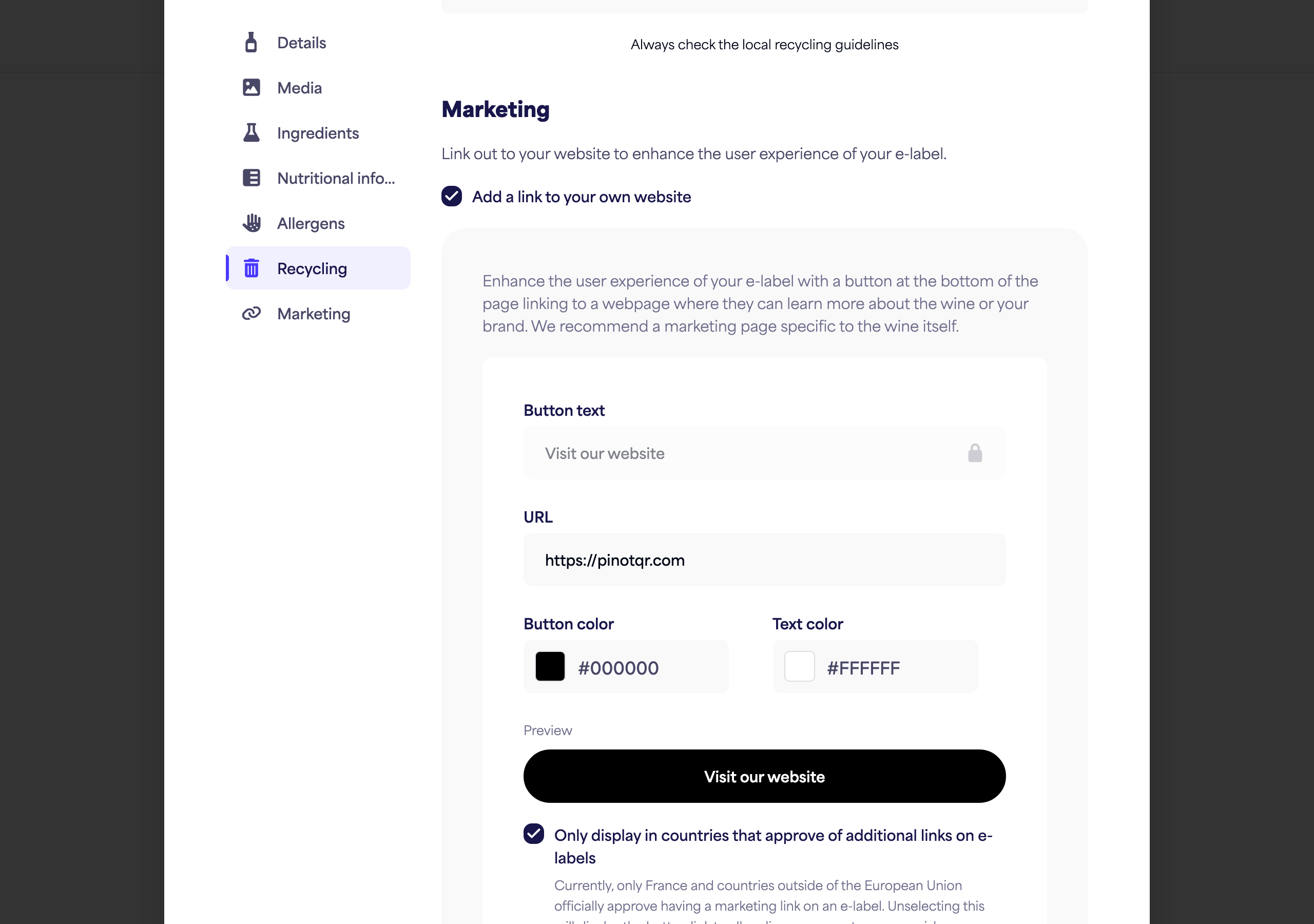 The Marketing section with the toggle, button text, URL, and colour pickers plus the live button preview