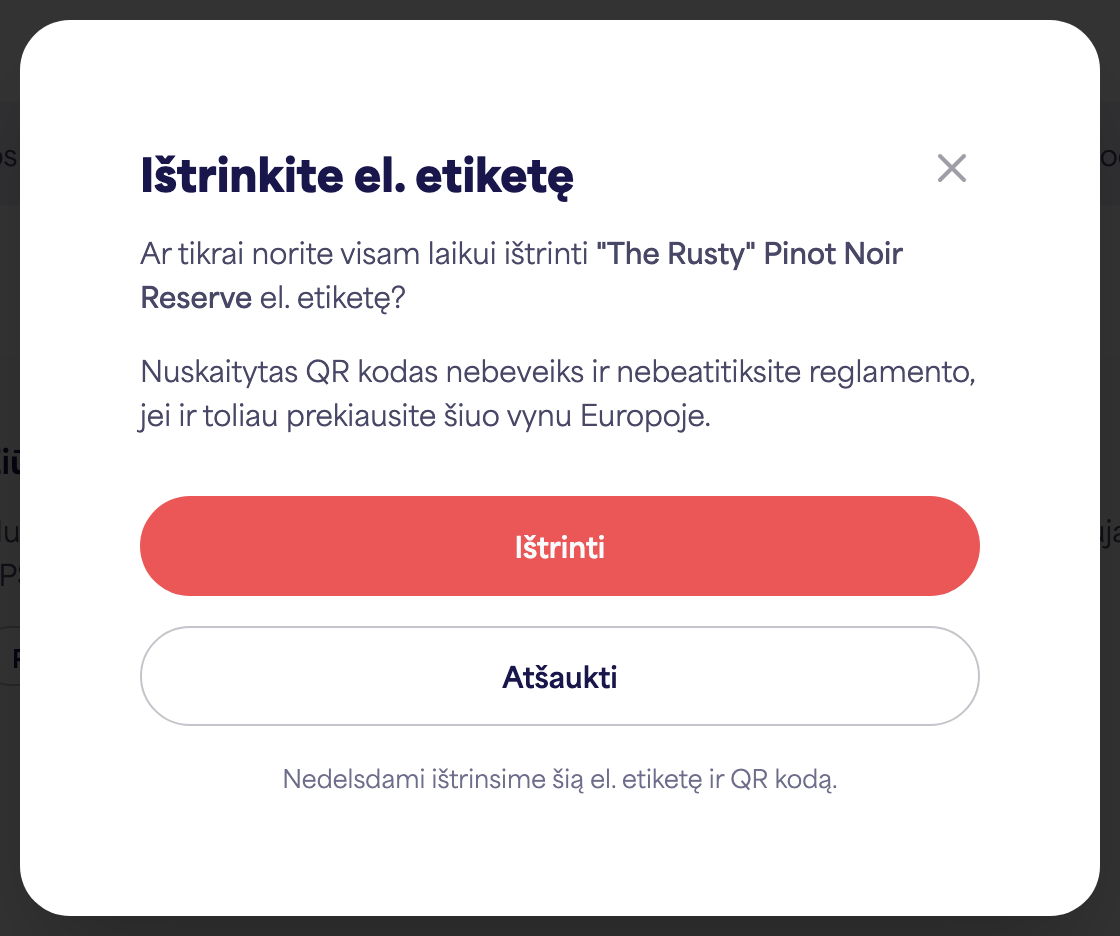 „Ištrinti e-etiketę“ patvirtinimo dialogo langas