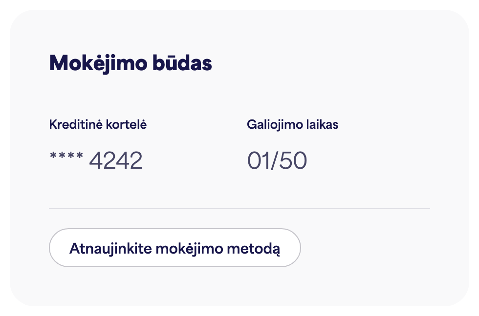 Mokėjimo būdo kortelė, rodanti išsaugotą kortelę ir „Atnaujinti mokėjimo būdą“