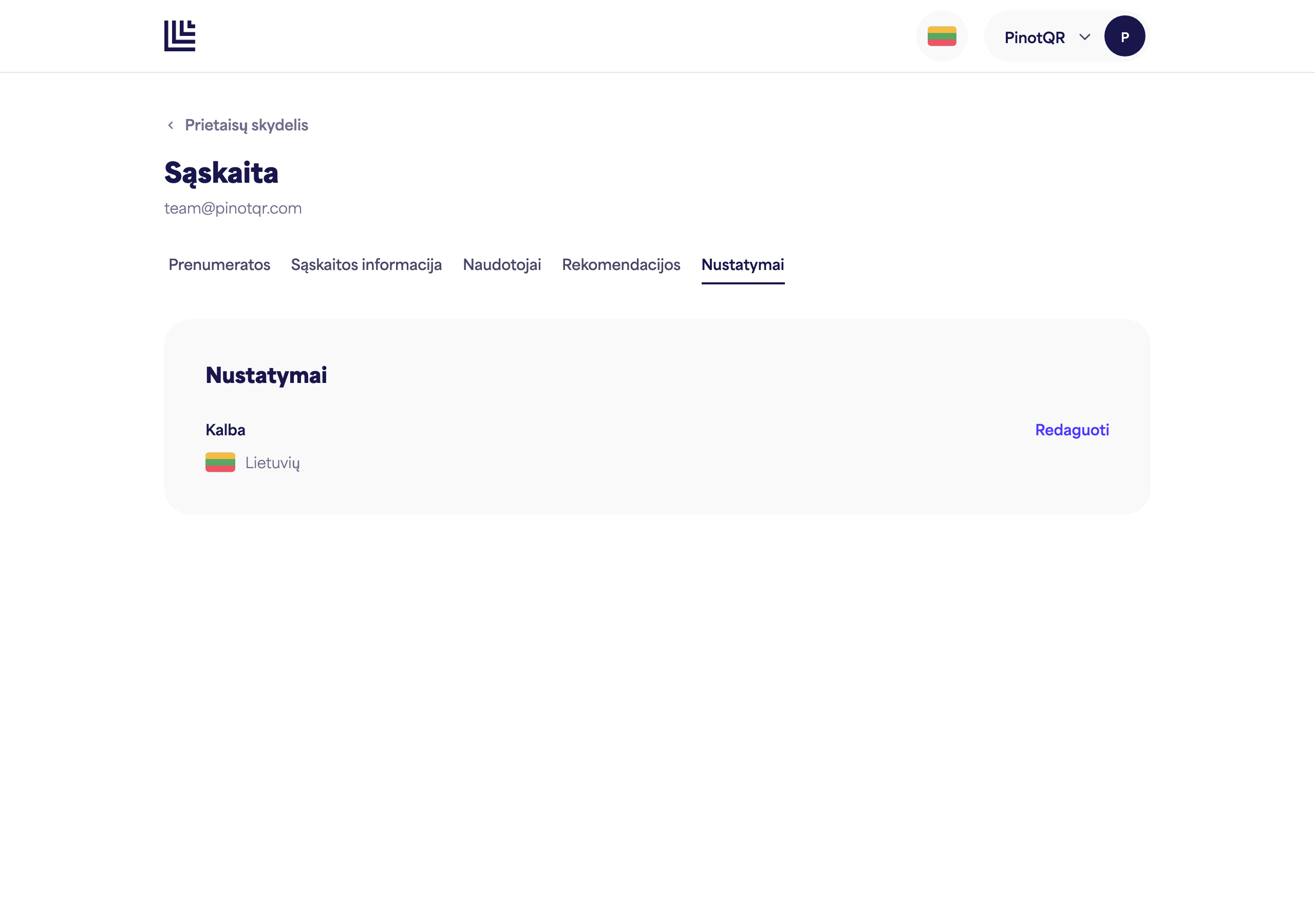 Nustatymų puslapis su Kalbos parinktimi