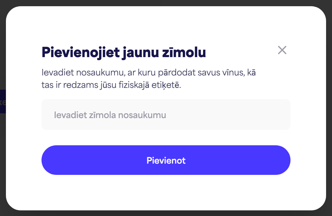 Dialoglodziņš "Pievienot jaunu zīmolu" ar zīmola nosaukuma lauku un pogu "Pievienot"