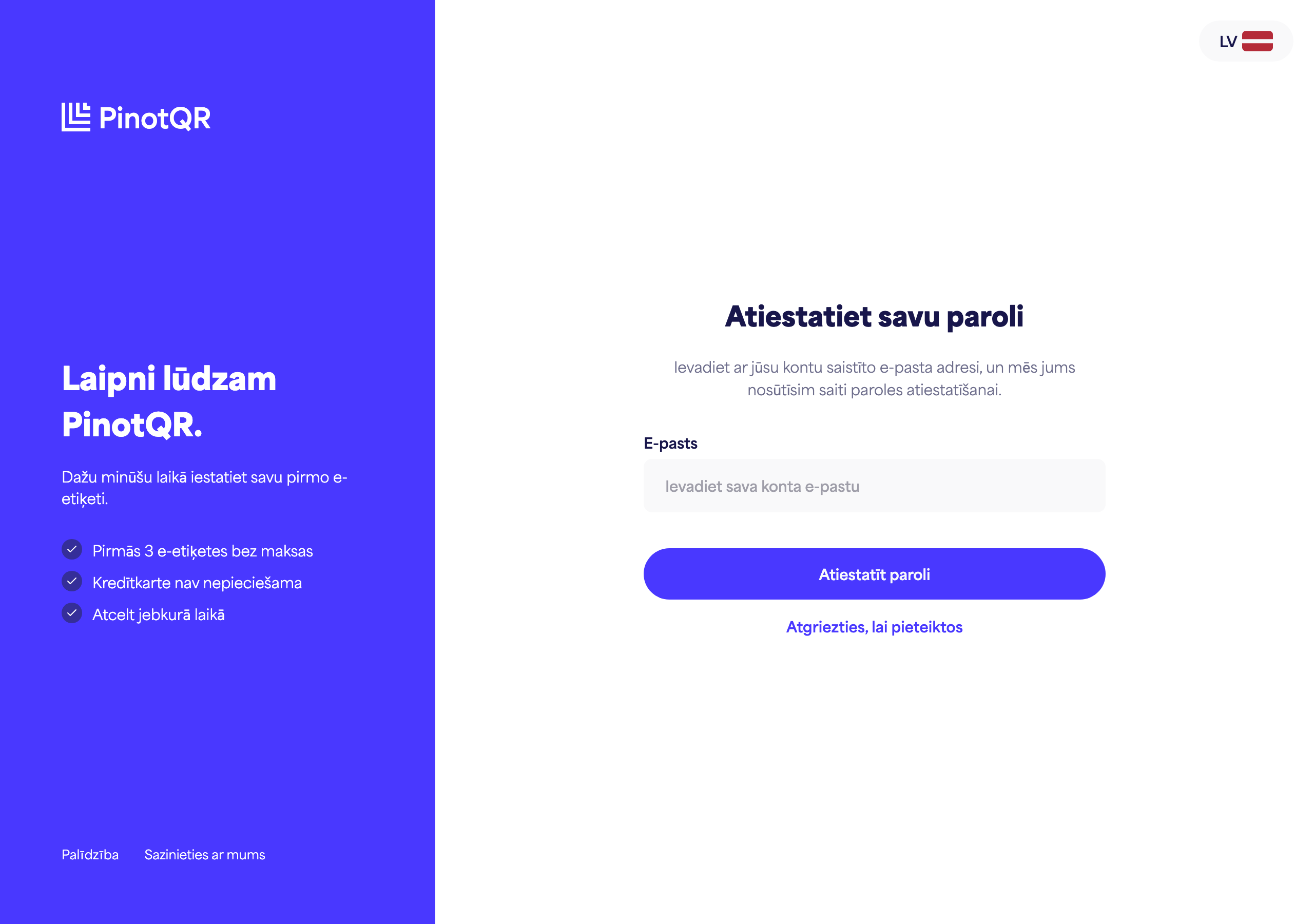 Ekrāns "Atiestatiet savu paroli", kurā ievadāt savu e-pastu