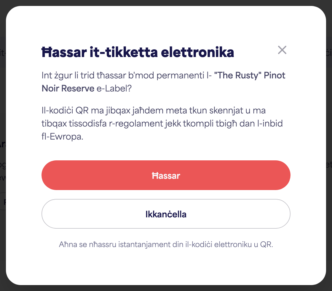 Il-kaxxa ta' konferma "Ħassar e-label"