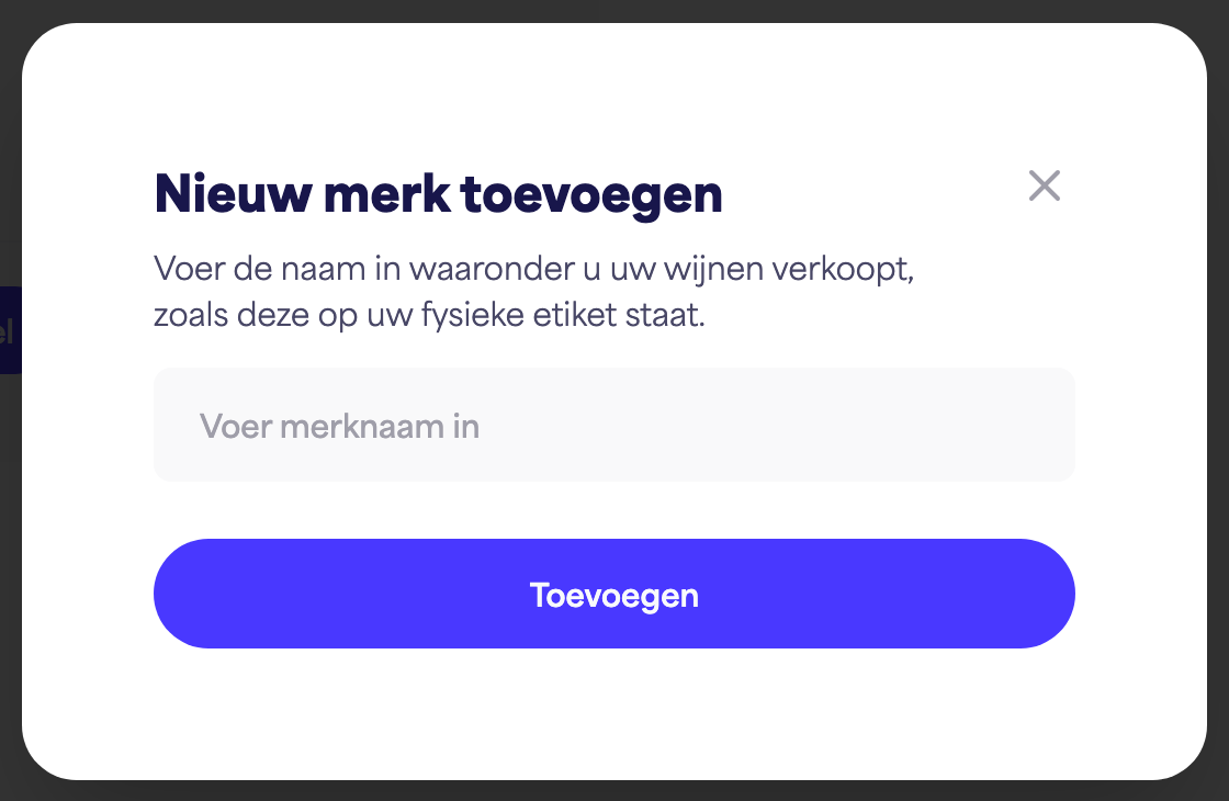 Het dialoogvenster "Nieuw merk toevoegen" met het veld voor de merknaam en de knop "Toevoegen"
