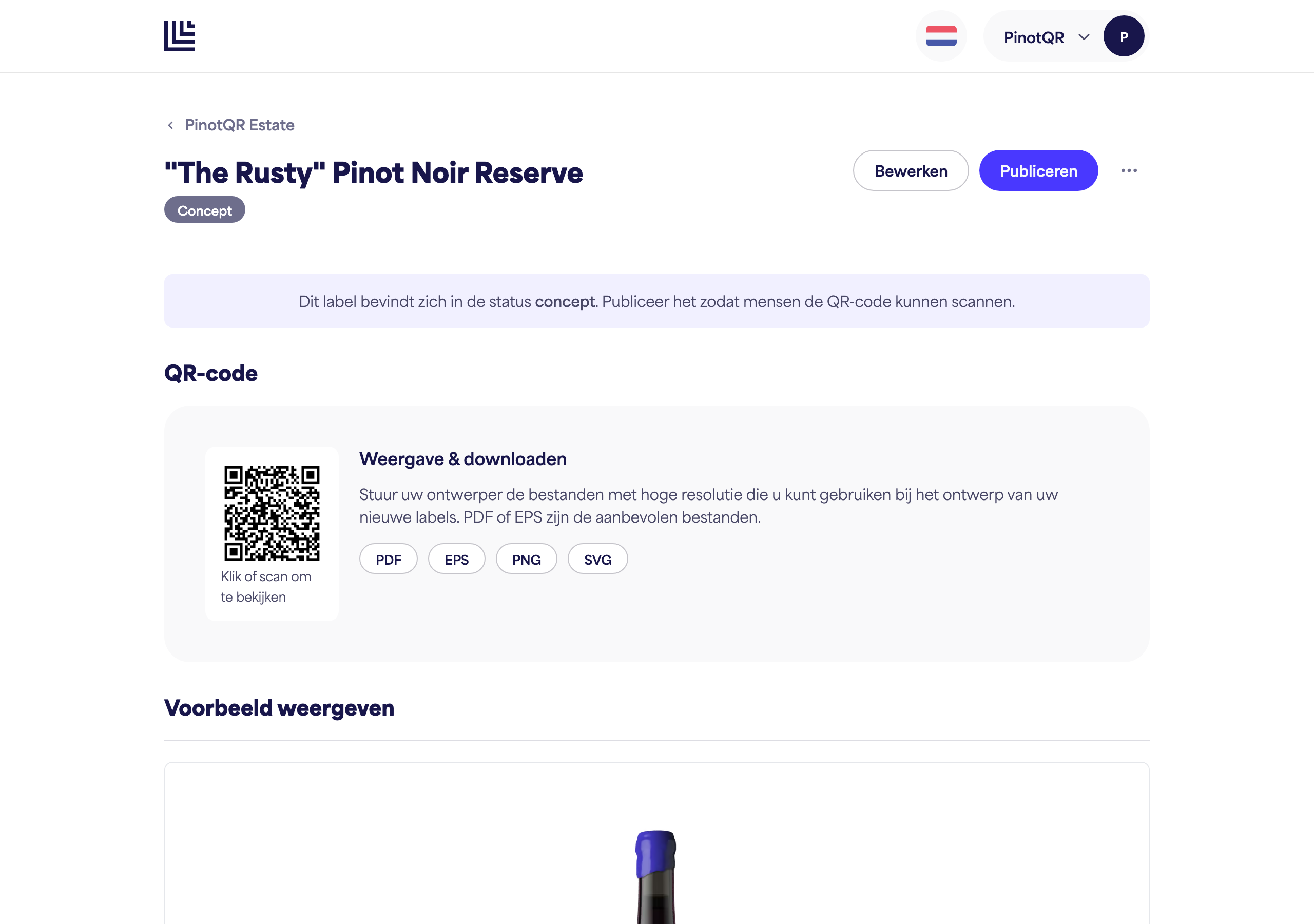 Een concept-e-label met de conceptmelding en de knop "Publiceren"