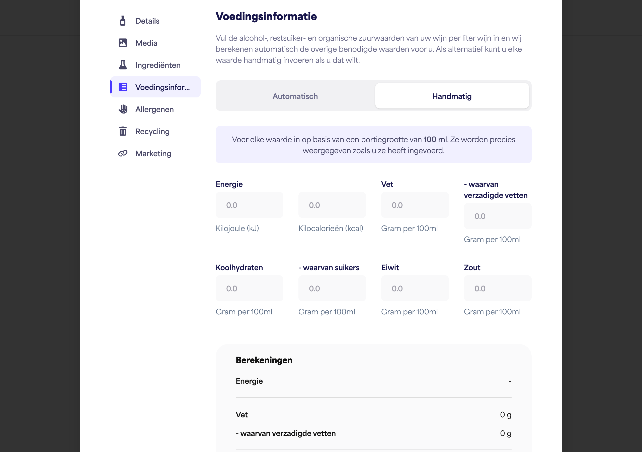 De sectie Voedingswaarde omgeschakeld naar Handmatig, met de volledige set velden