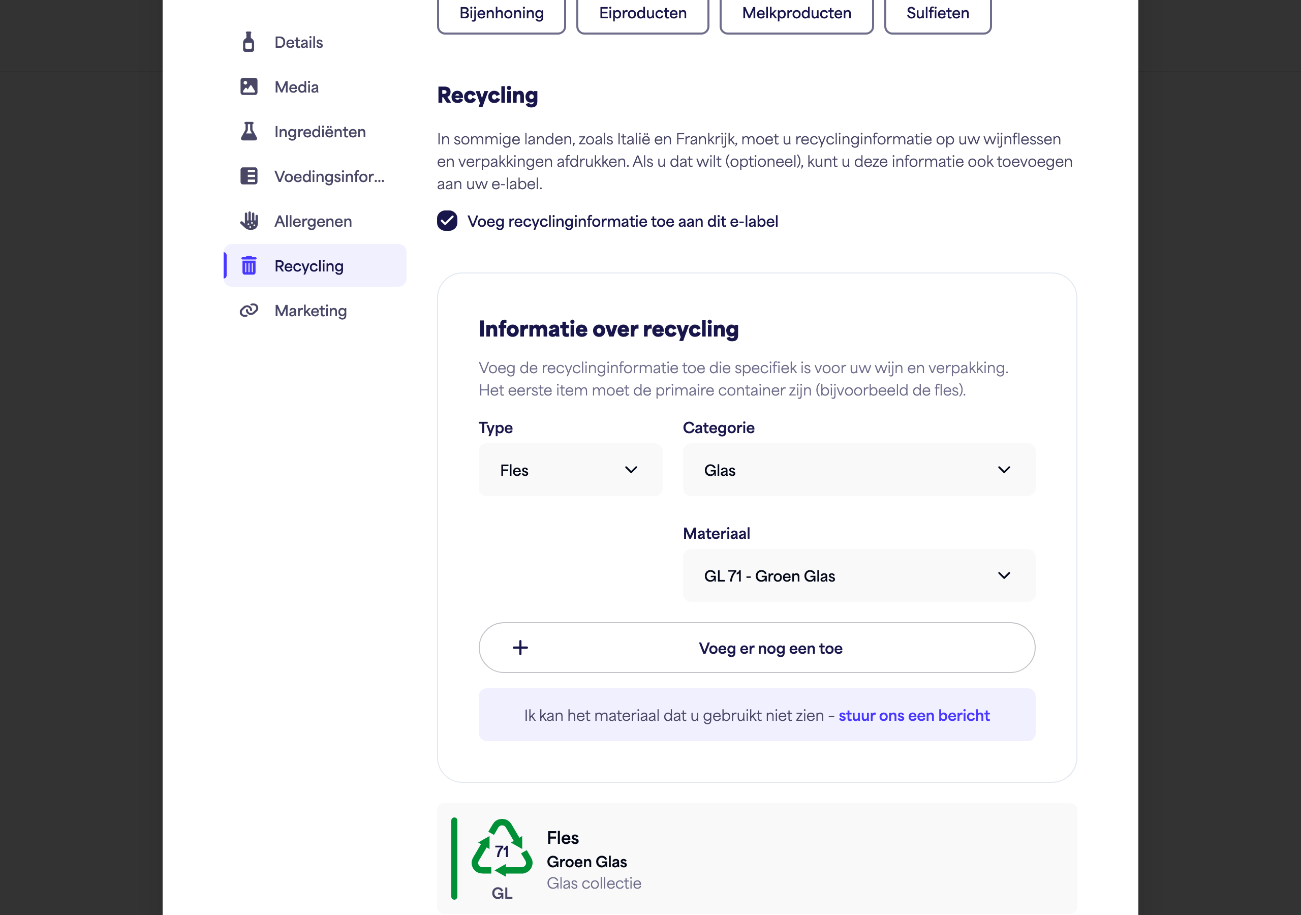 De schakelaar en uitleg van de sectie Recycling