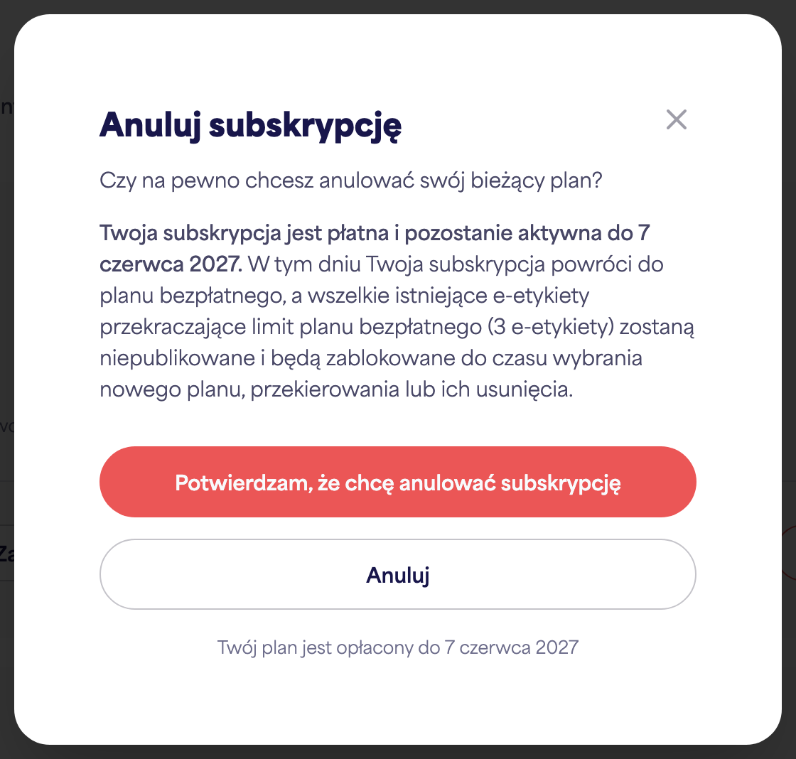 Obszar Subskrypcja konta z opcją Anuluj subskrypcję