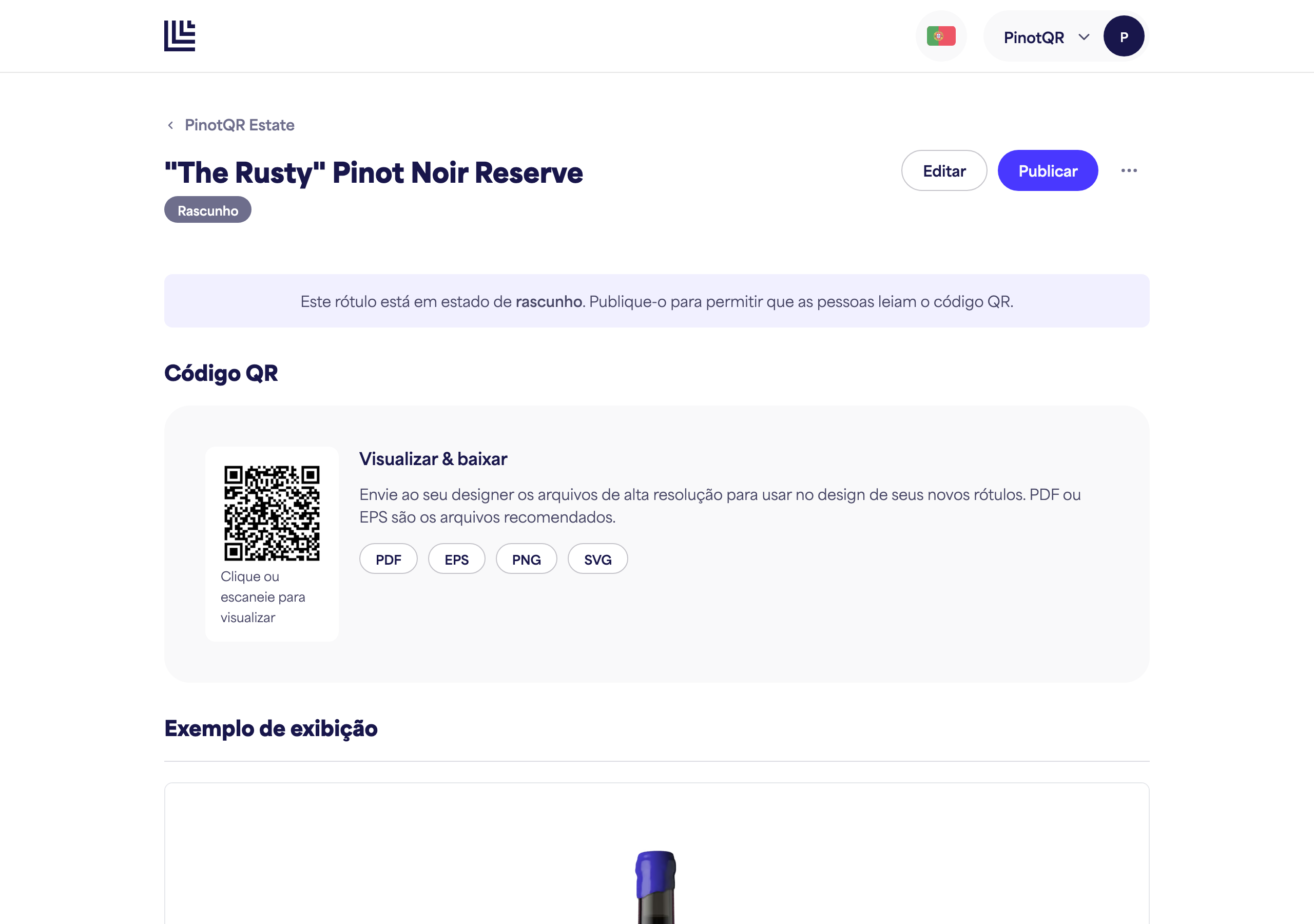 Uma e-etiqueta em rascunho mostrando o aviso de rascunho e o botão "Publicar"