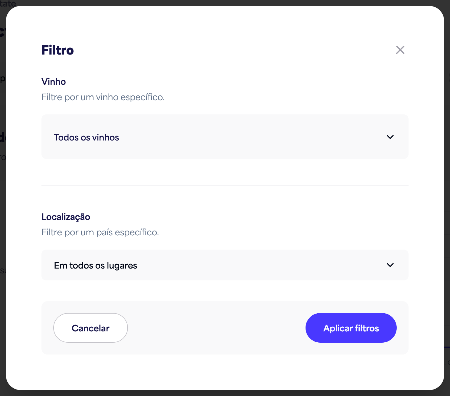 O painel de filtro das Perspectivas (tempo, vinho, localização)