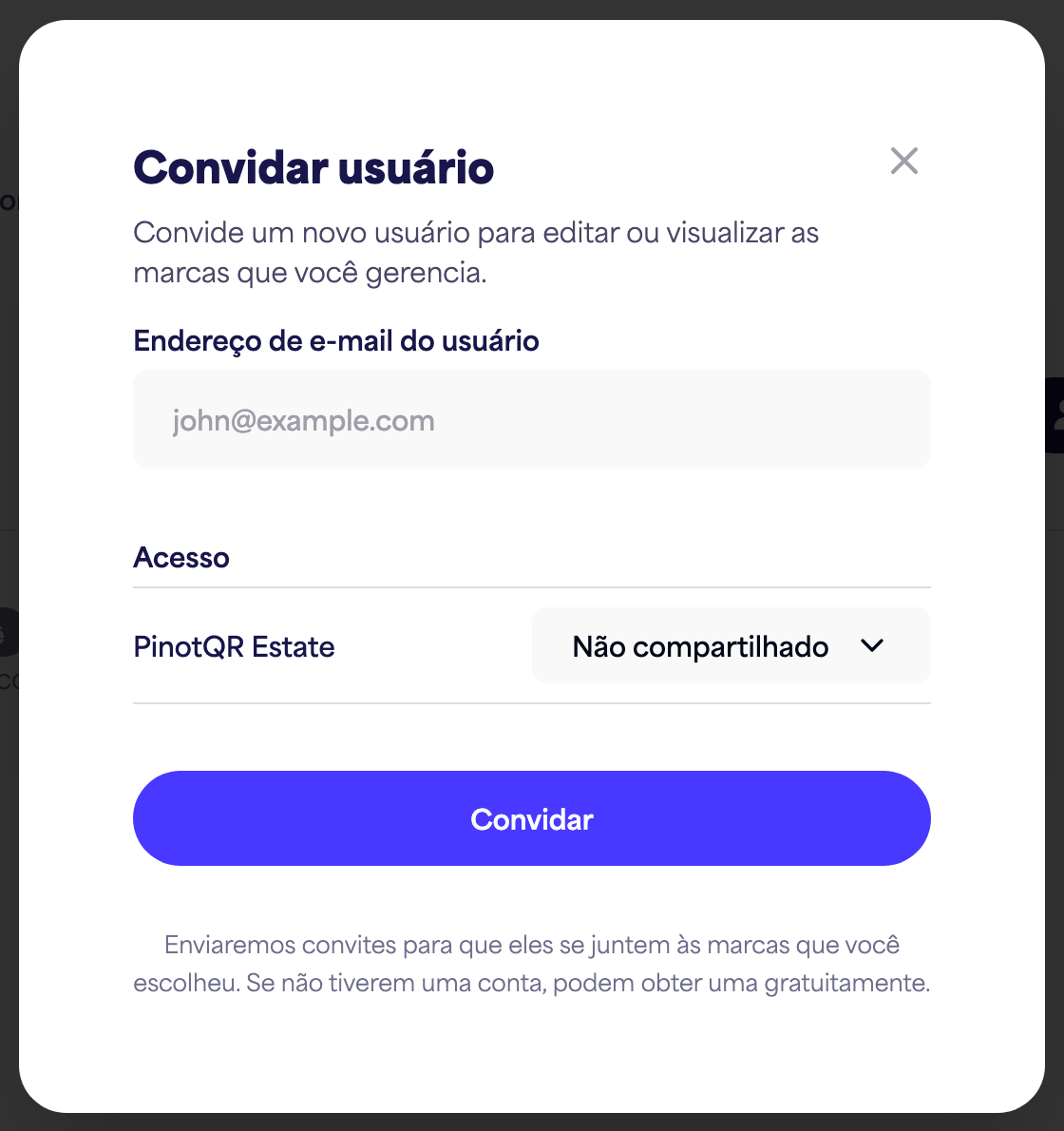A caixa de diálogo "Convidar usuário" com o campo de e-mail e opções de acesso por marca