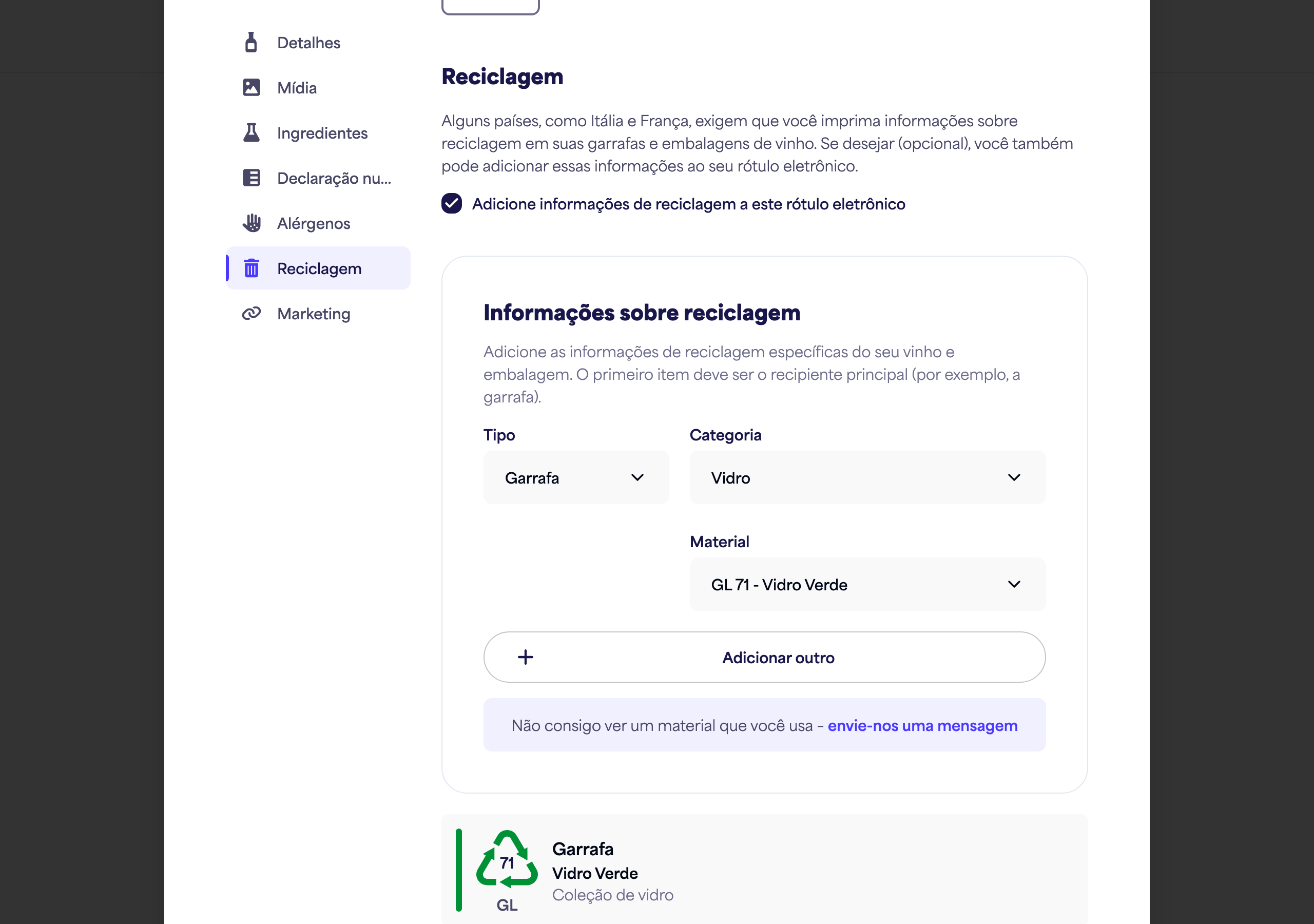 O botão de alternância e a explicação da seção de Reciclagem