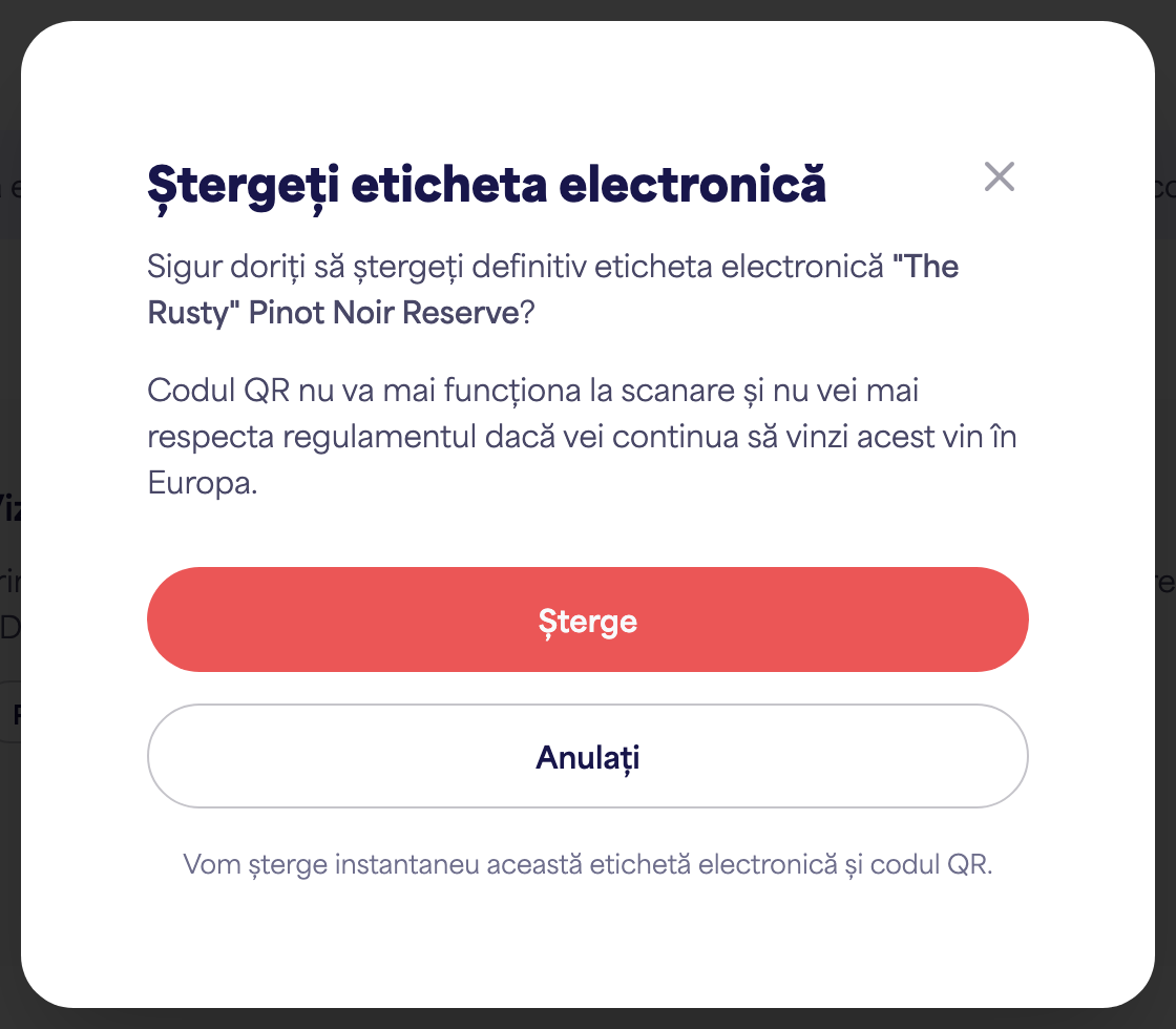 Dialogul de confirmare "Ștergeți eticheta electronică"