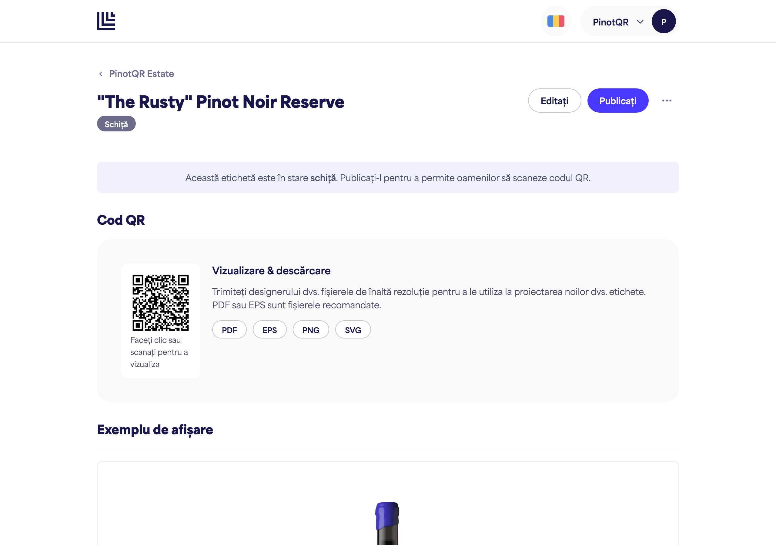 O etichetă electronică schiță care arată notificarea de schiță și butonul "Publică"